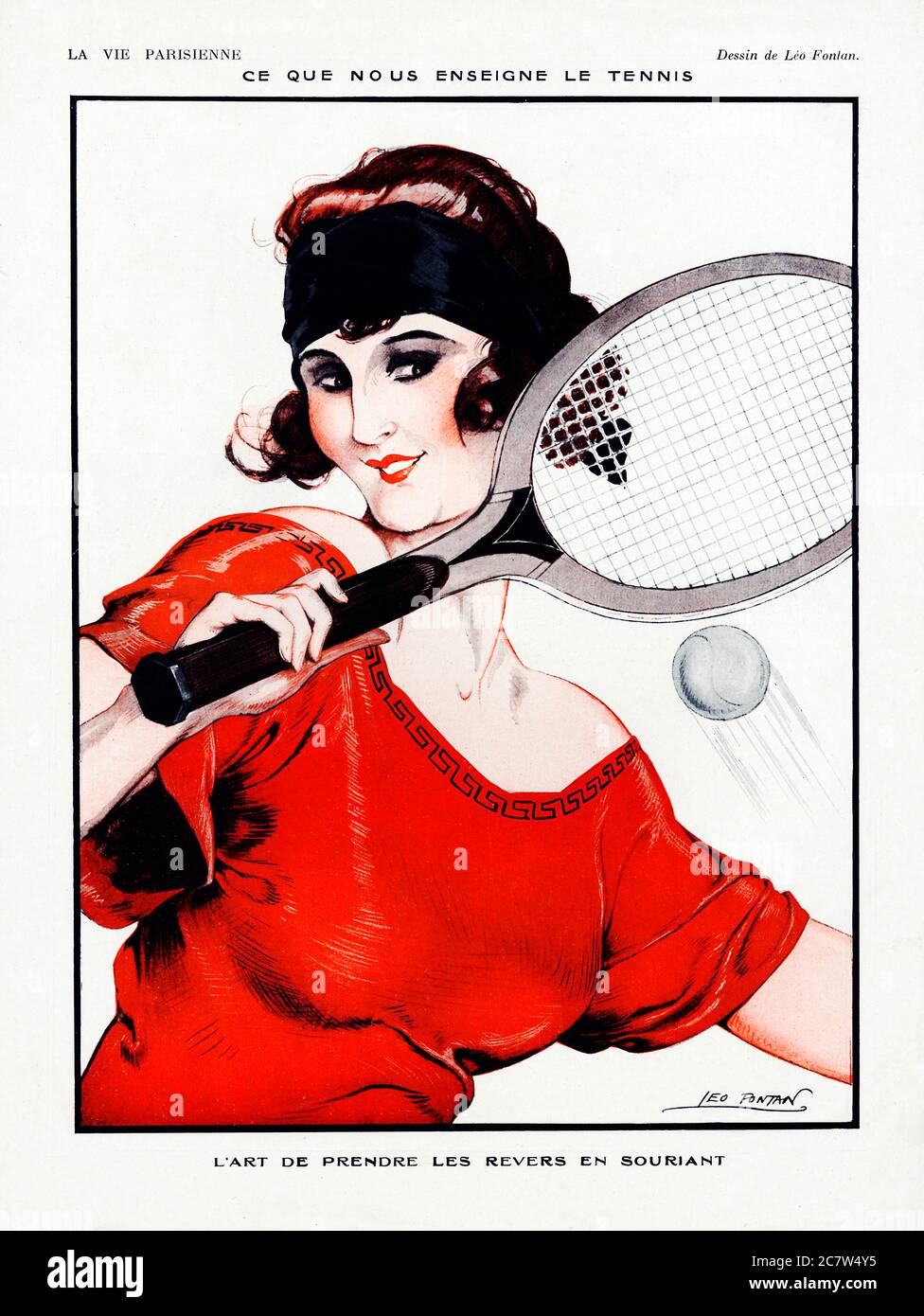 Tennis Lesson, teaching the art of smiling at a backhand, or rather a setback, as shown by a belle of the court Stock Photo