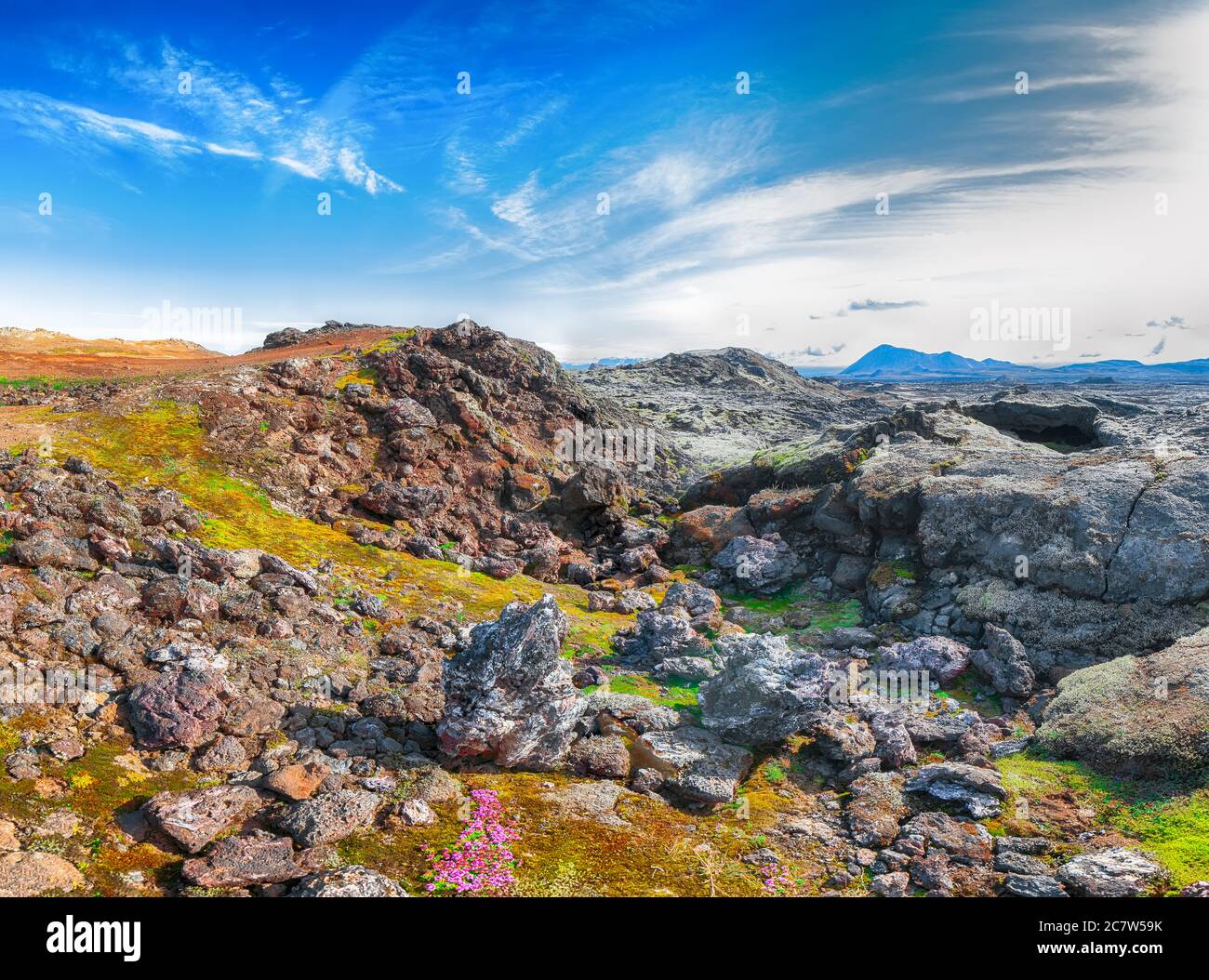 Frozen lavas field in the geothermal valley Leirhnjukur, near Krafla volcano. Location: valley Leirhnjukur, Myvatn region, North part of Iceland, Euro Stock Photo