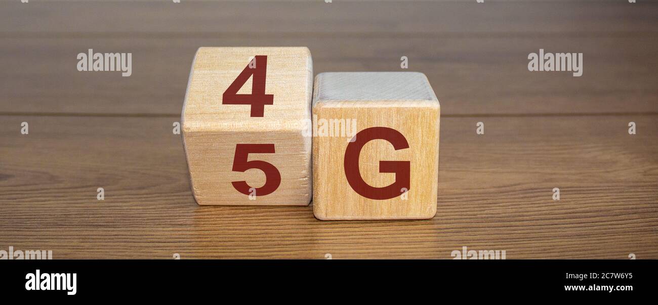 Change wooden block from 4G to 5G. Technology, network, communication ...