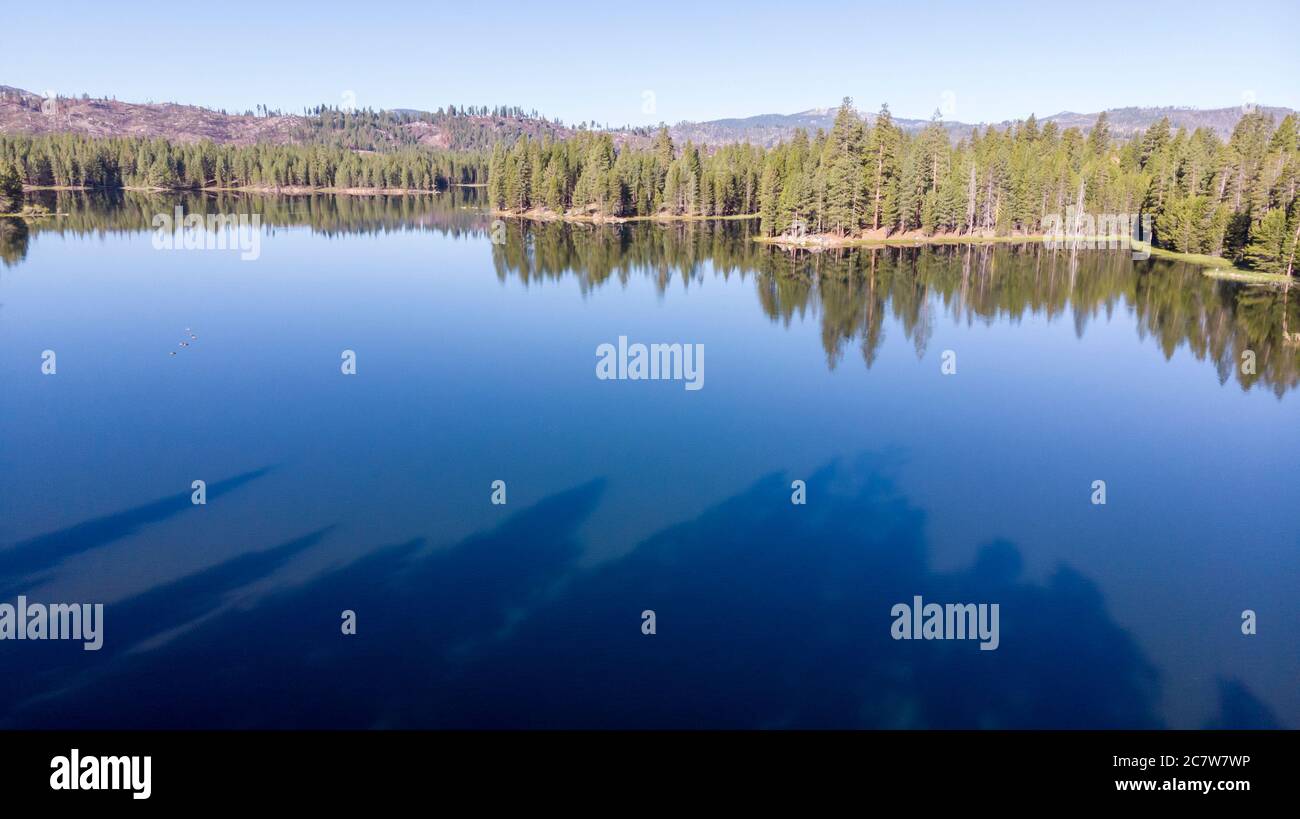 Drone photo over  antelope lake beautiful blue color with tree reflections Stock Photo