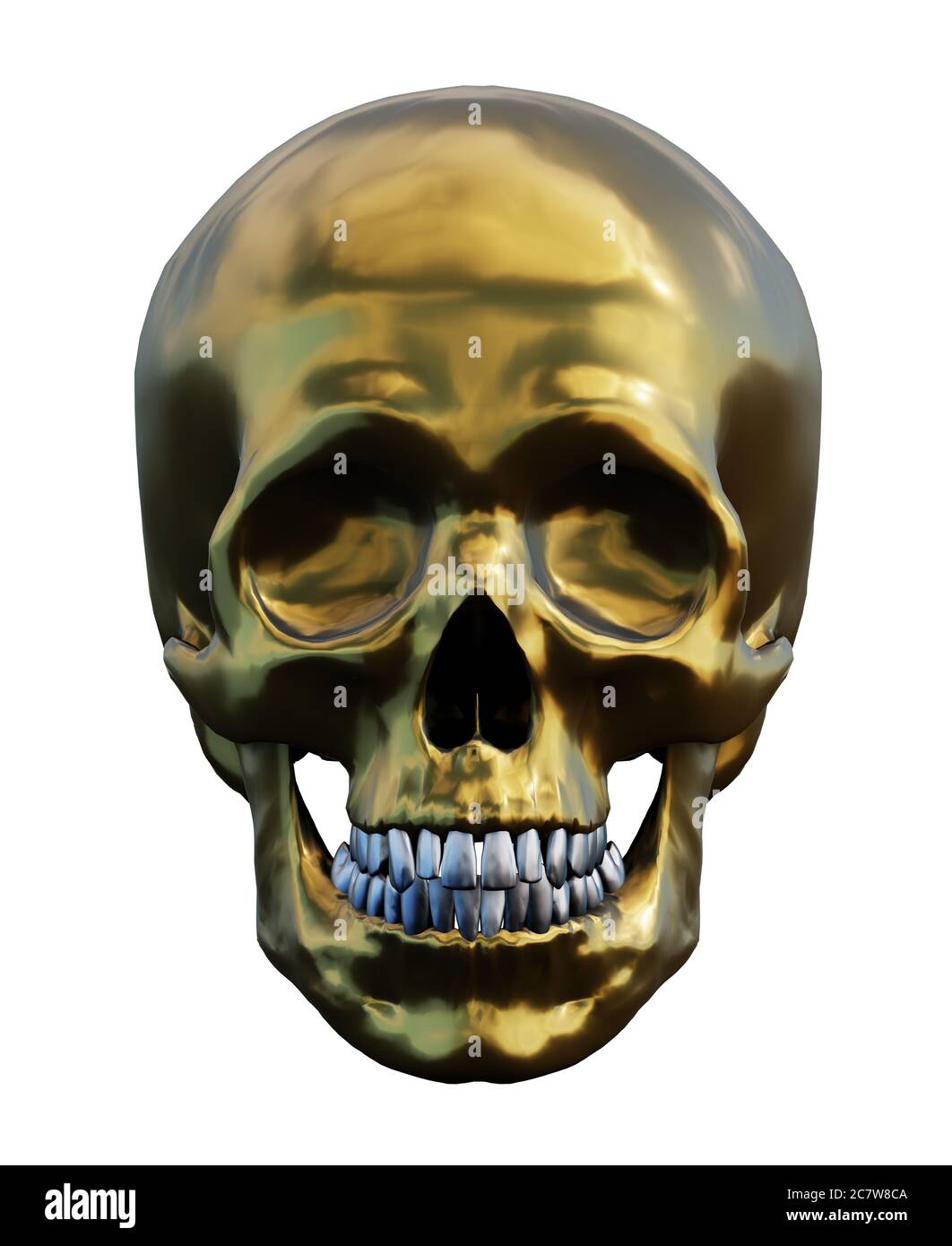 human golden skull isolated on white, front view, 3d render Stock Photo