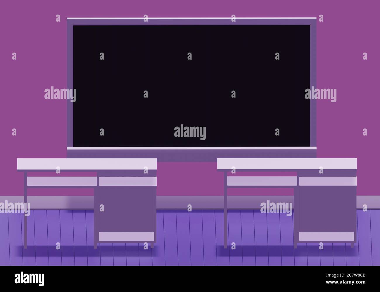 Empty black chalkboard hang on the purple wall, empty school room, the end of school year. Image for copy space, bill board wood frame for add text. 3 Stock Photo