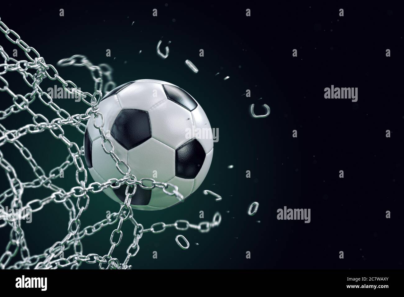 Soccer ball breaking metal net. Concept of football goal, with ball