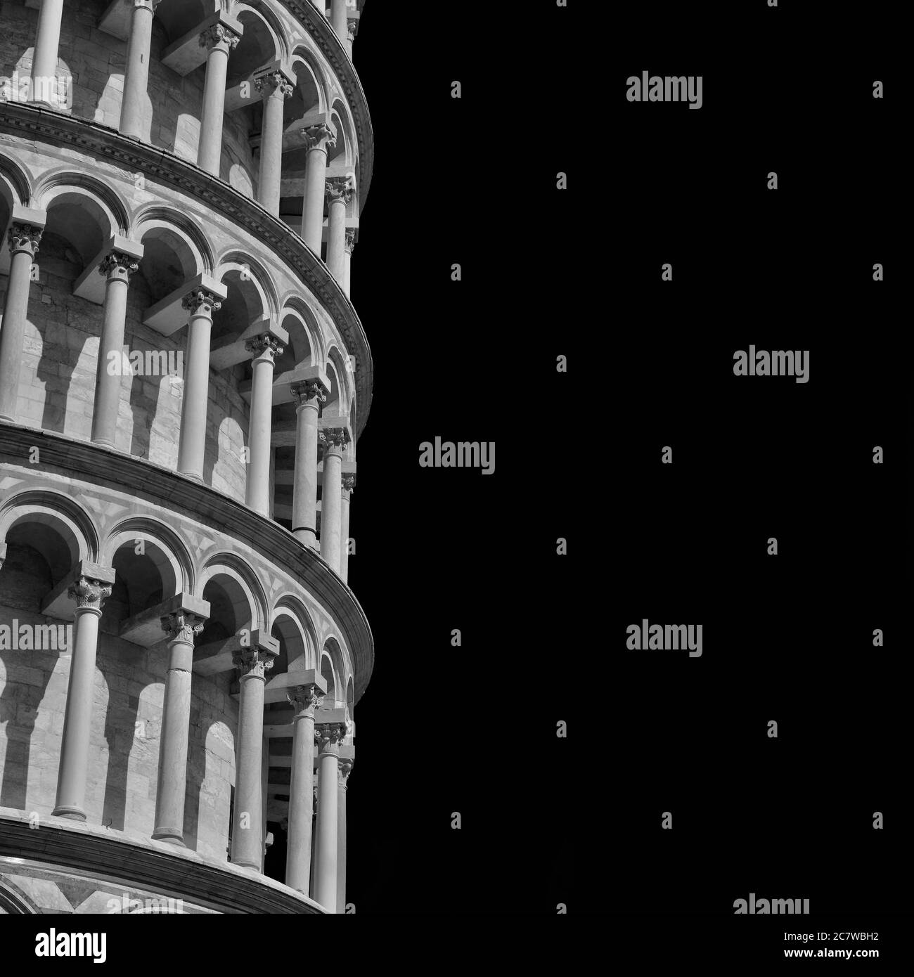 The famous Leaning Tower of Pisa (Black and White with copy space) Stock Photo