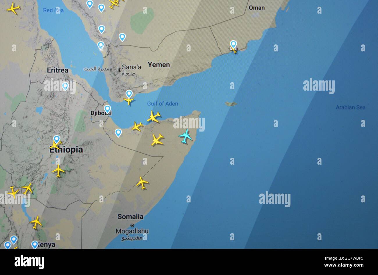 air traffic over Kenya, Somalia, Ethiopa, Eritrea, Djibouti, Yemen, Oman (19 july 2020, UTC 17.23) on Internet with Flightradar 24 site Stock Photo