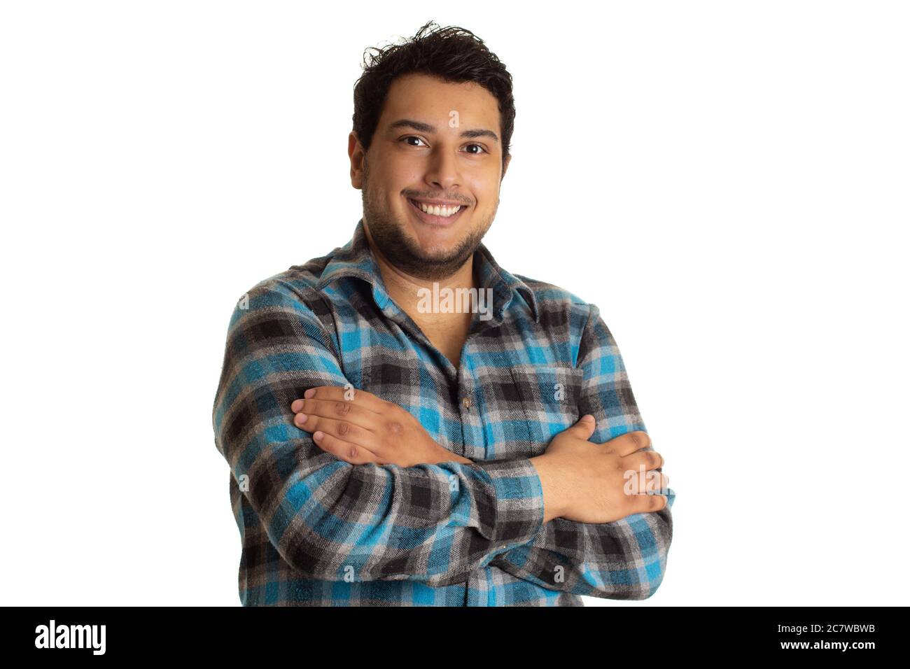 Chubby Guy Posing For Photo Arms Crossed And Big Smile Isolated On White Background Stock Photo Alamy