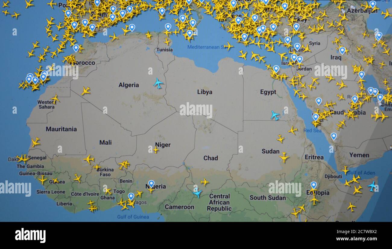 air traffic over North and Central Africa (19 july 2020, UTC 17.25 on Internet with Flightradar 24 site, during the Coronavirus Pandemic Stock Photo