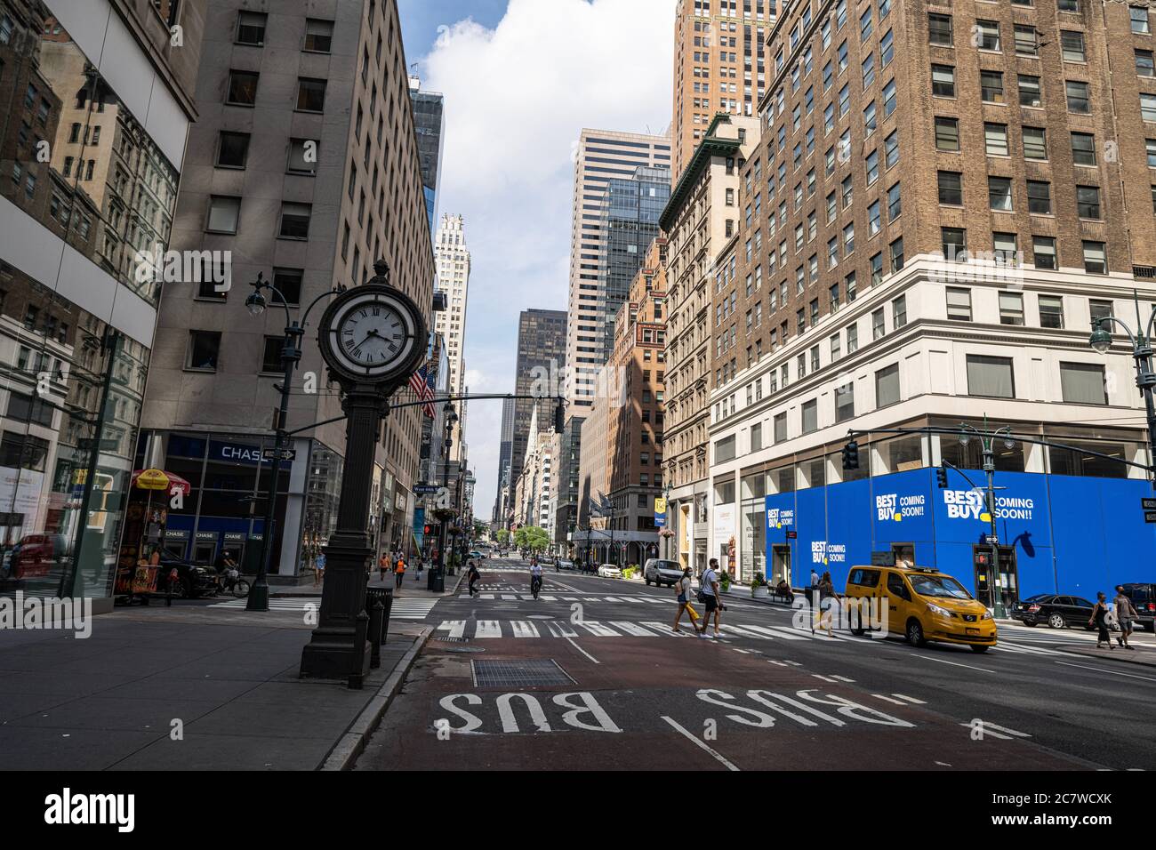 Empty streets in Manhattan during Phase 3 reopening after covid-19 pandemic crisis. Fifth AVE at 44th street Stock Photo