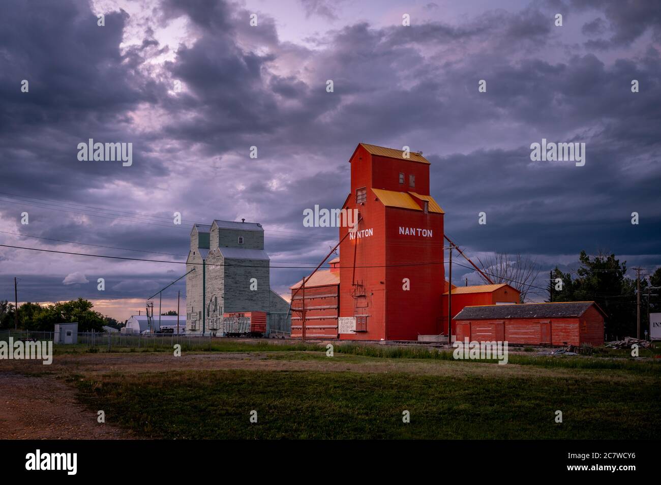 Elevator row in Nanton Alberta during summer. These grain elevators