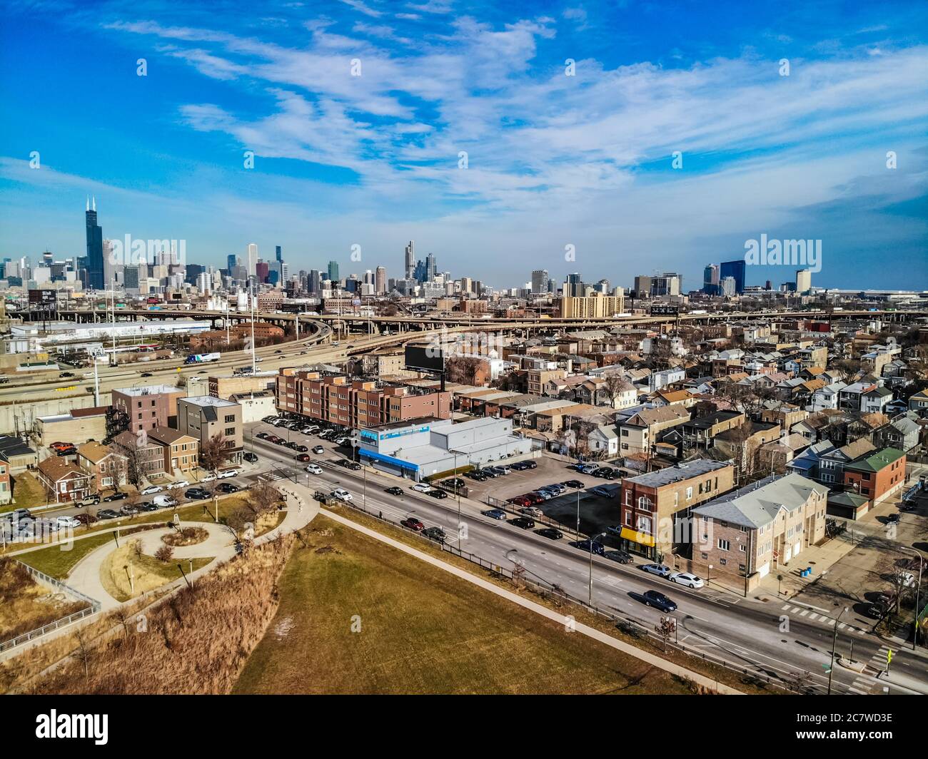 Aerial view above chicago, Illinois. With primary concentration on