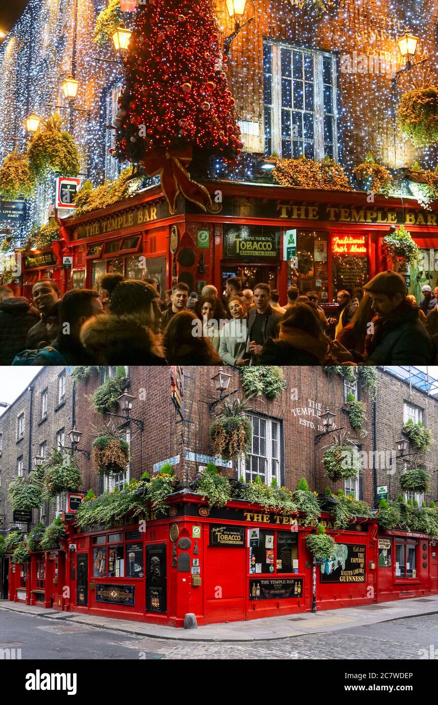 The Temple Bar pub in Temple Bar, Dublin,  photographed in December 2019 and again in July 2020,  the coronavirus pandemic has kept tourists away. Stock Photo