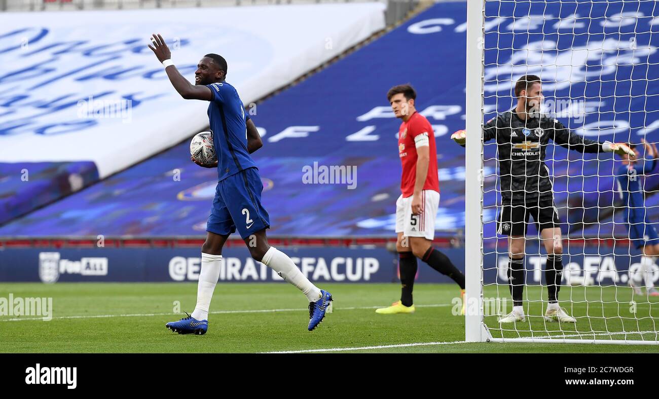 Chelsea S Antonio Rudiger Celebrates After Manchester United S Harry Maguire Scores An Own Goal To Give Chelsea Their Third Of The Game During The Fa Cup Semi Final Match At Wembley Stadium London Stock