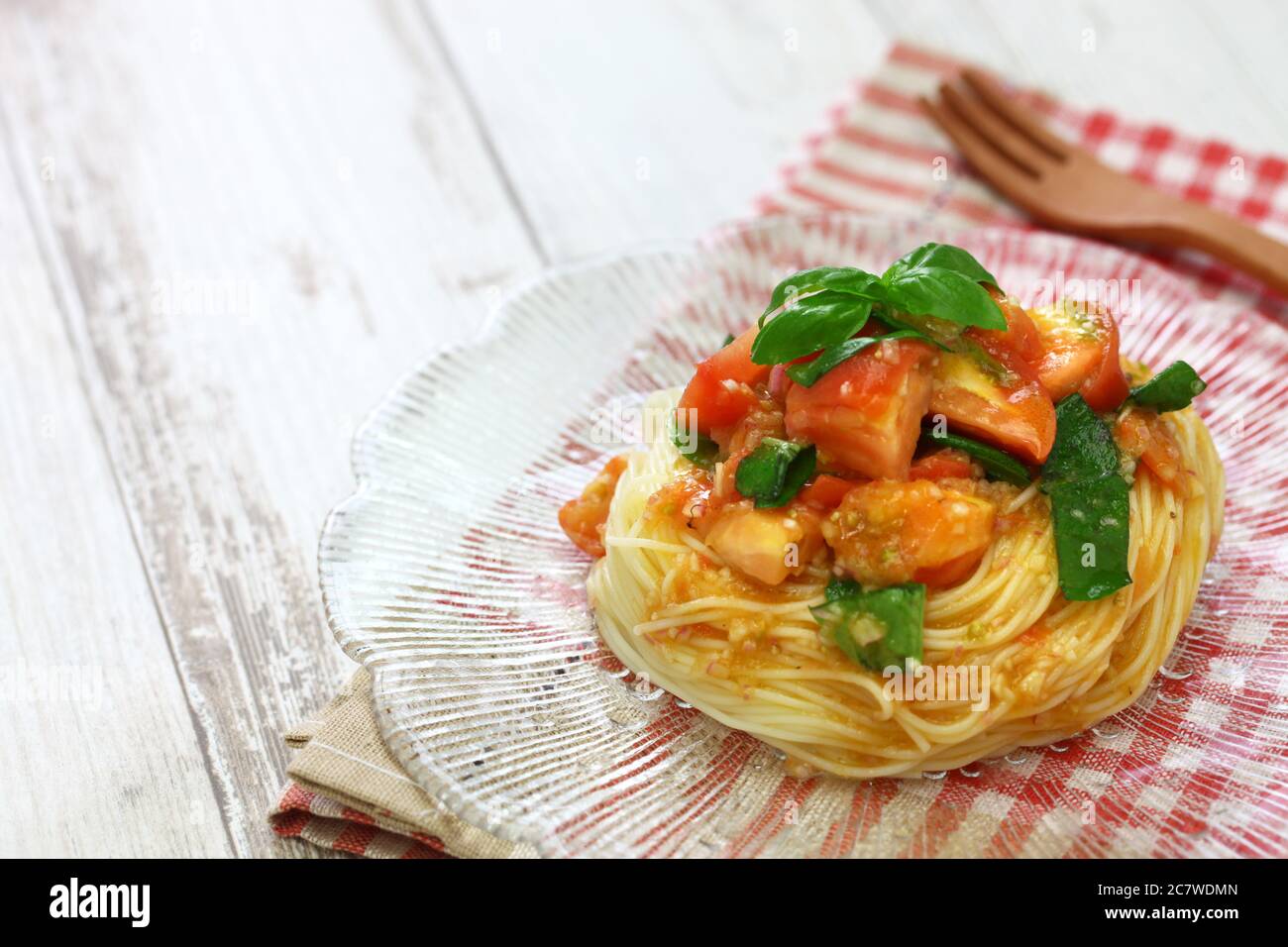 summertime chilled style, capellini pasta with fresh tomatoes and basil