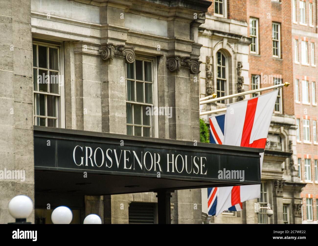LONDON, ENGLAND - JUNE 2018:  Exterior view of The Grosvenor House hotel on Park Lane in central London Stock Photo