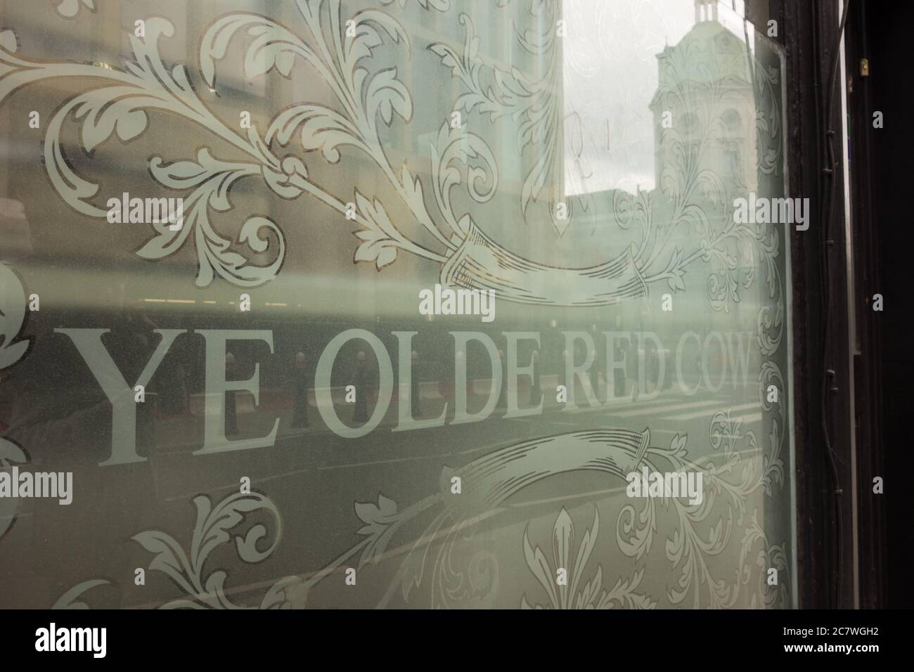 Closeup of the frosted glass window of the Ye Olde Red Cow public house in Smithfield, London, UK Stock Photo