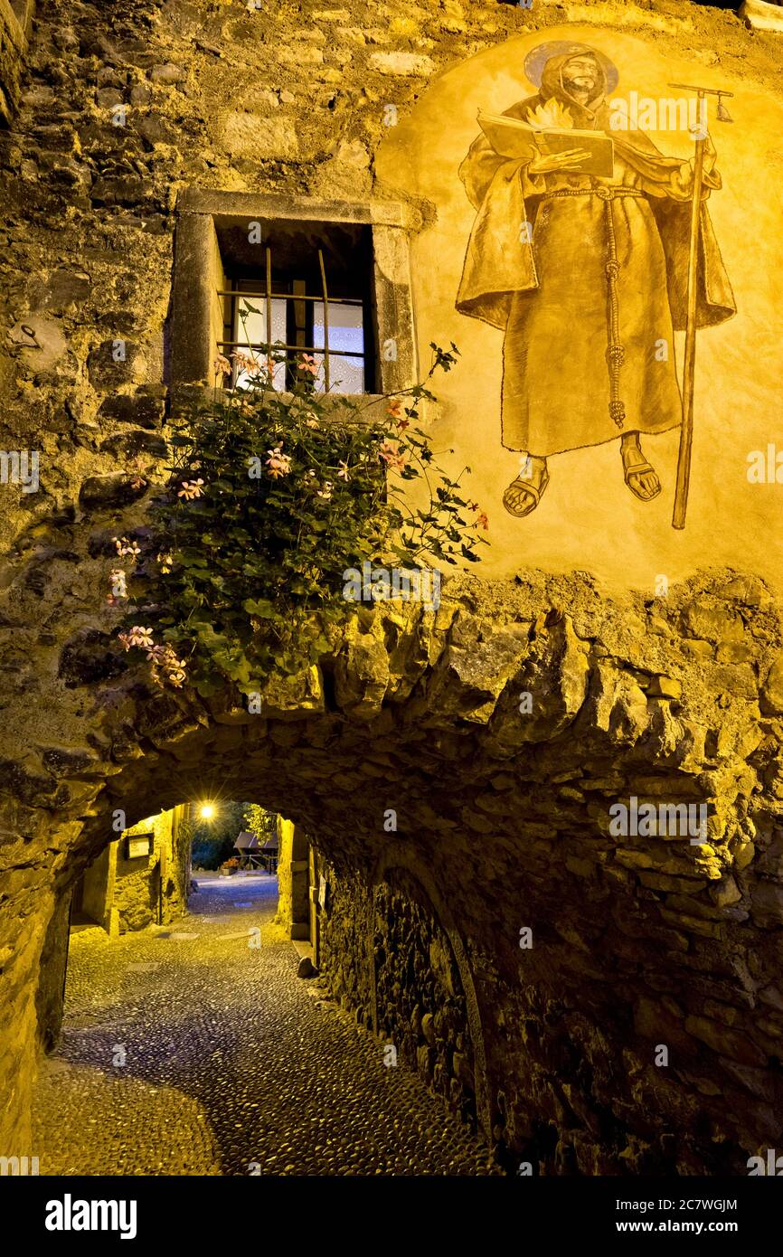Buildings and alleys of the medieval villlage of Canale. Tenno, Trento province, Trentino Alto-Adige, Italy, Europe. Stock Photo