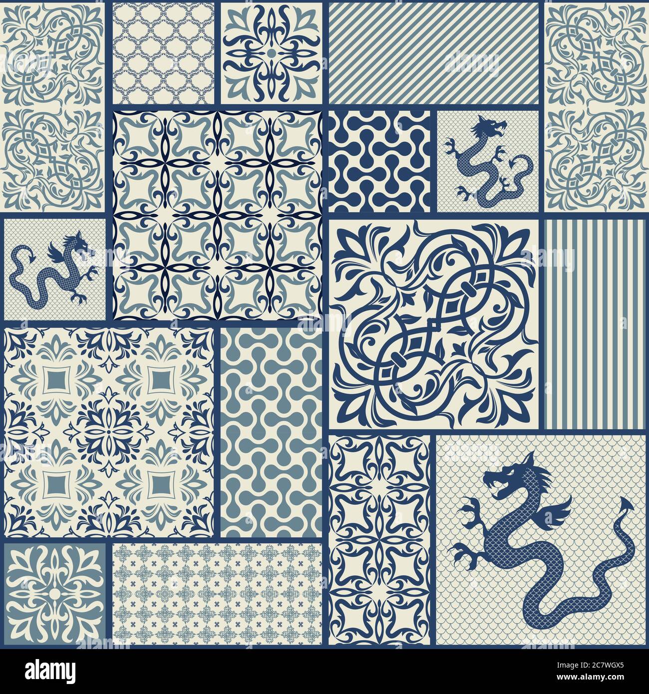 Seamless patchwork tile with Victorian motives. Majolica pottery tile, blue and beige azulejo, original traditional Portuguese and Spain decor. Vector Stock Vector