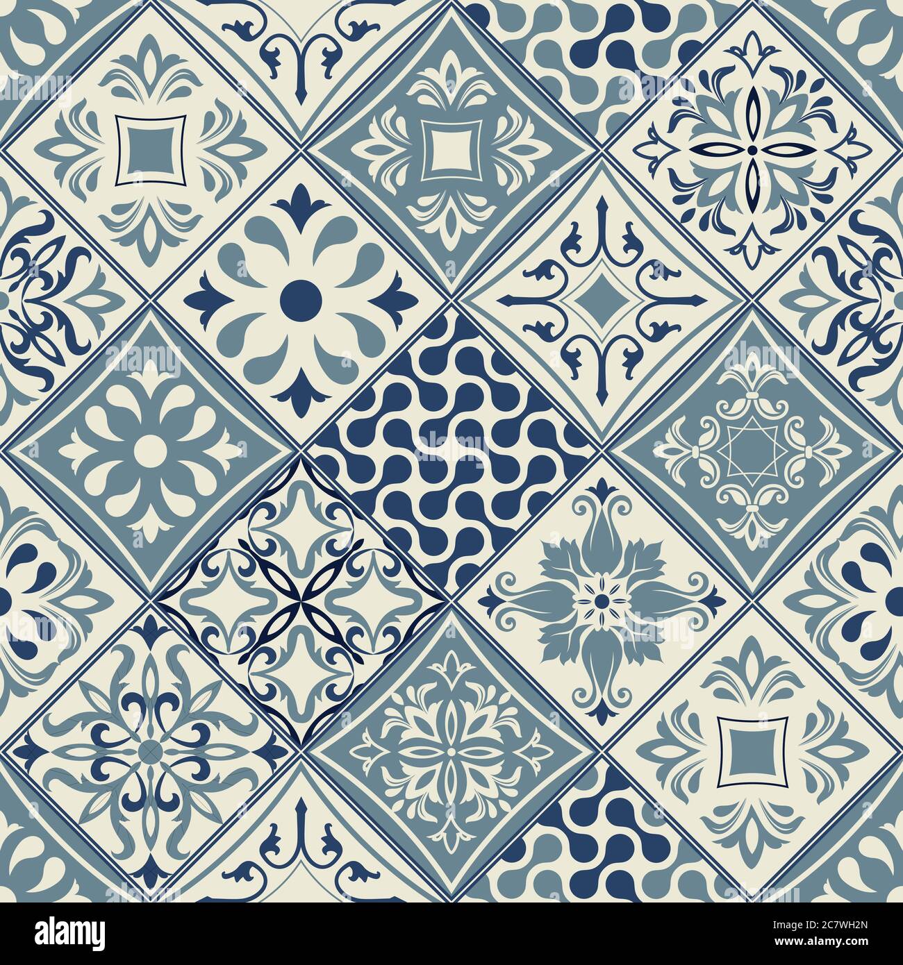 Seamless patchwork tile with Victorian motives. Majolica pottery tile, blue and beige azulejo, original traditional Portuguese and Spain decor. Vector Stock Vector