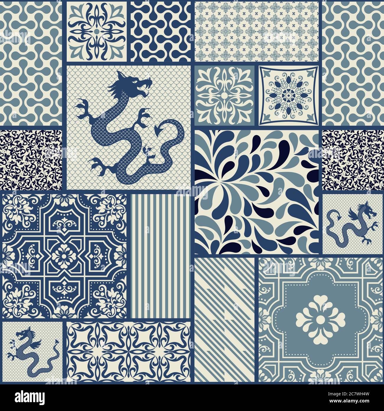 Seamless patchwork tile with Victorian motives. Majolica pottery tile, blue and beige azulejo, original traditional Portuguese and Spain decor. Vector Stock Vector