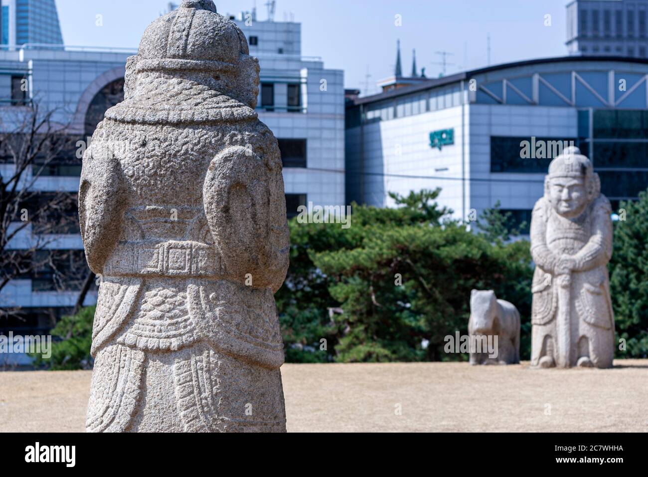 Stone statues of scholars, soldiers, horses and other animals.The tomb of King Seongjong, Seolleung and Jeongneung burial grounds , Seoul, South Korea Stock Photo