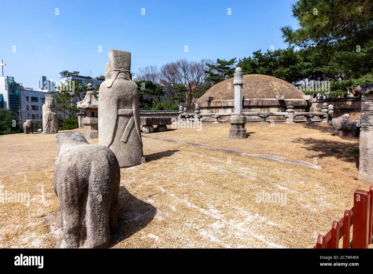 Stone statues of scholars, soldiers, horses and other animals.The tomb of King Seongjong, Seolleung and Jeongneung burial grounds , Seoul, South Korea Stock Photo