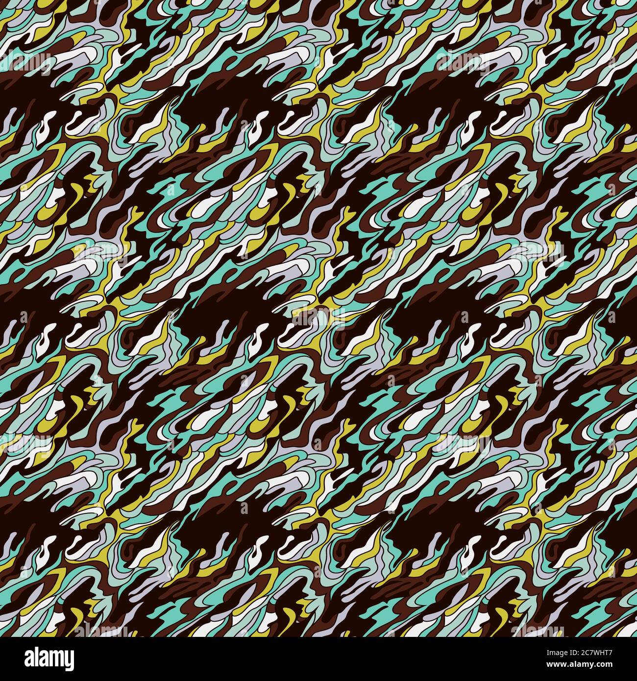 Seamless abstract pattern with chaotic colorful wavy shapes in muted ...