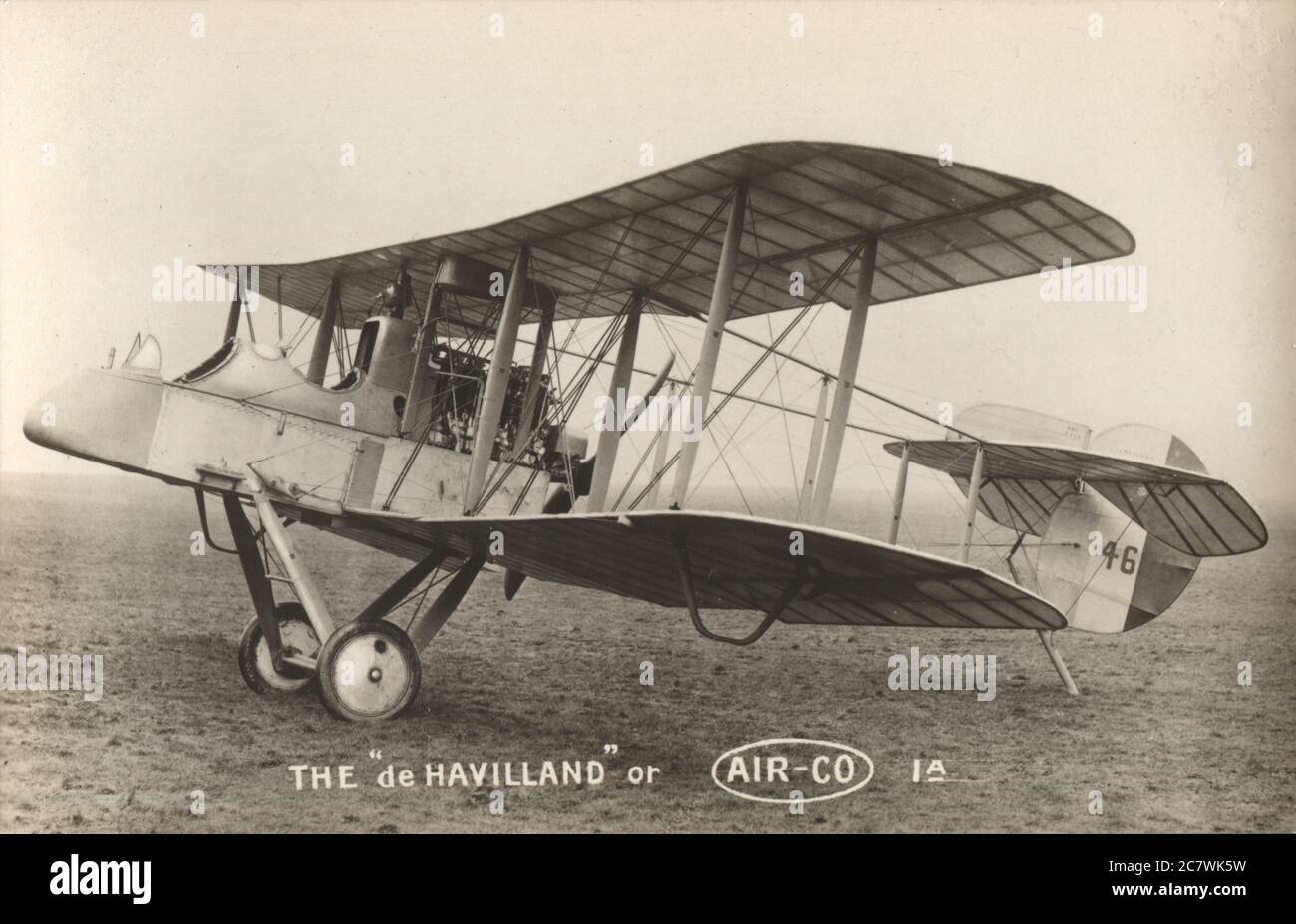 The de Havilland / AIRCO DH.1A two seater pusher biplane designed and built by The Aircraft Manufacturing Co. Ltd., Hendon, London, N.W.9.  – Engine 120 h.p. Beardmore. Speed 89 m.p.h. (Ground Level). Climb to 3,500ft., 6.45 minutes. This machine was practically identical with the Airco 1, except that it was fitted with a more powerful engine, an improved performance thereby being obtained. This type was in production 1915-1916. Stock Photo