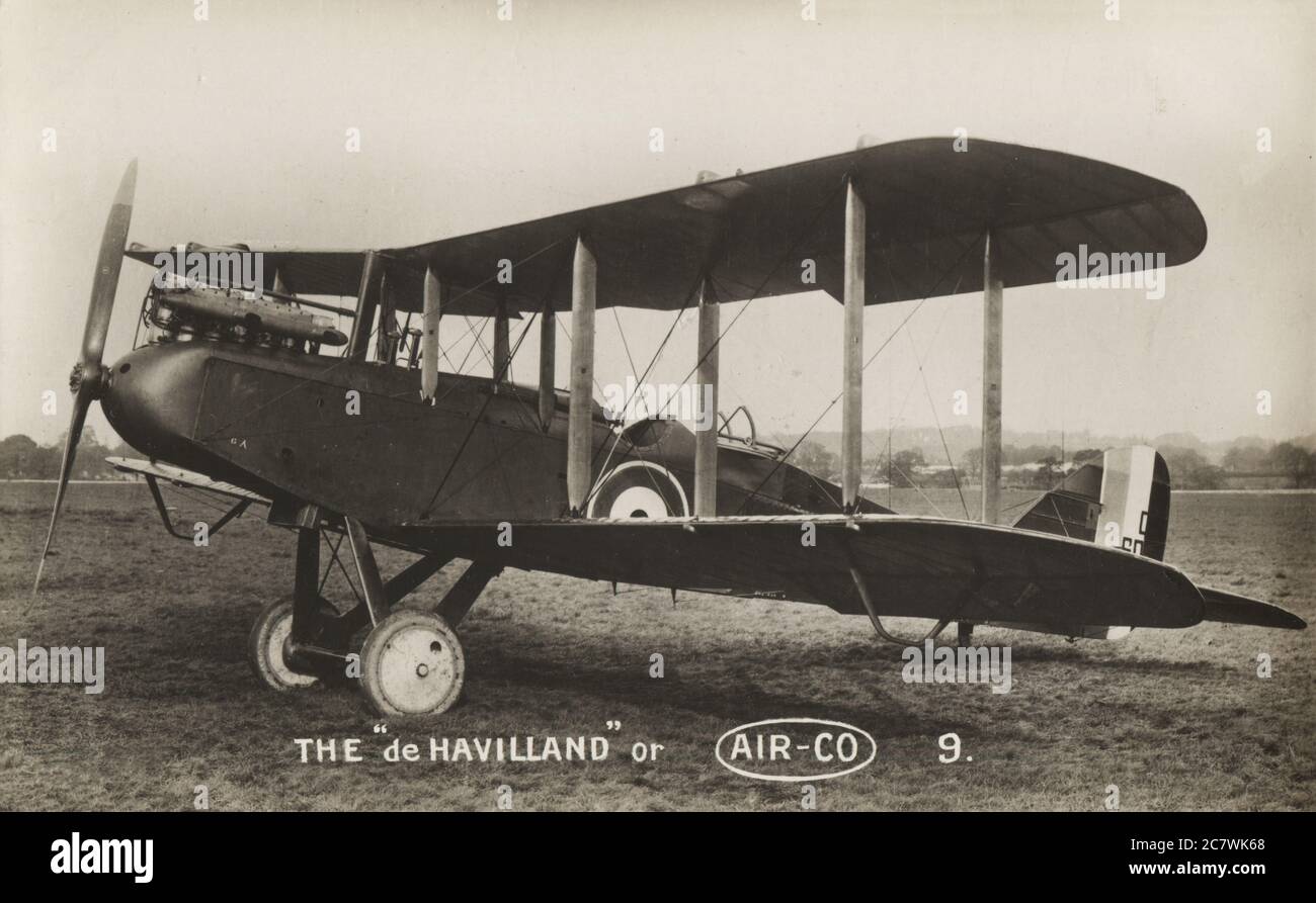 The de Havilland / AIRCO DH.9 two seater tractor biplane designed and built by The Aircraft Manufacturing Co. Ltd., Hendon, London, N.W.9.  – Engine 250 h.p. Siddeley 'Puma'. Speed at 10,000ft., 110 miles per hour. Climb to 10,000ft., 15 mins. Endurance 370 miles. This is the machine which was extensively used for day and night bombing raids on the Rhine towns. Stock Photo