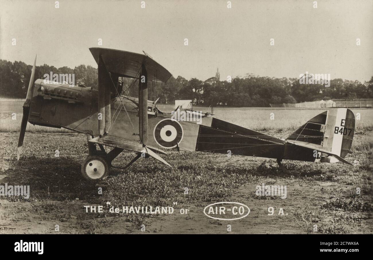 The de Havilland / AIRCO DH.9A two seater tractor biplane designed and built by The Aircraft Manufacturing Co. Ltd., Hendon, London, N.W.9.  – Engine 400 h.p. 'Liberty”. Speed at 10,000ft., 120 miles per hour. Climb to 10,000ft., 12 mins. Endurance 650 miles. This machine is slightly larger than the Airco 9 and has a more powerful engine. It was extensively used for long distance day bombing raids. A commercial 5 seater passenger machine has been modelled on this type and is known as Airco 16. Stock Photo