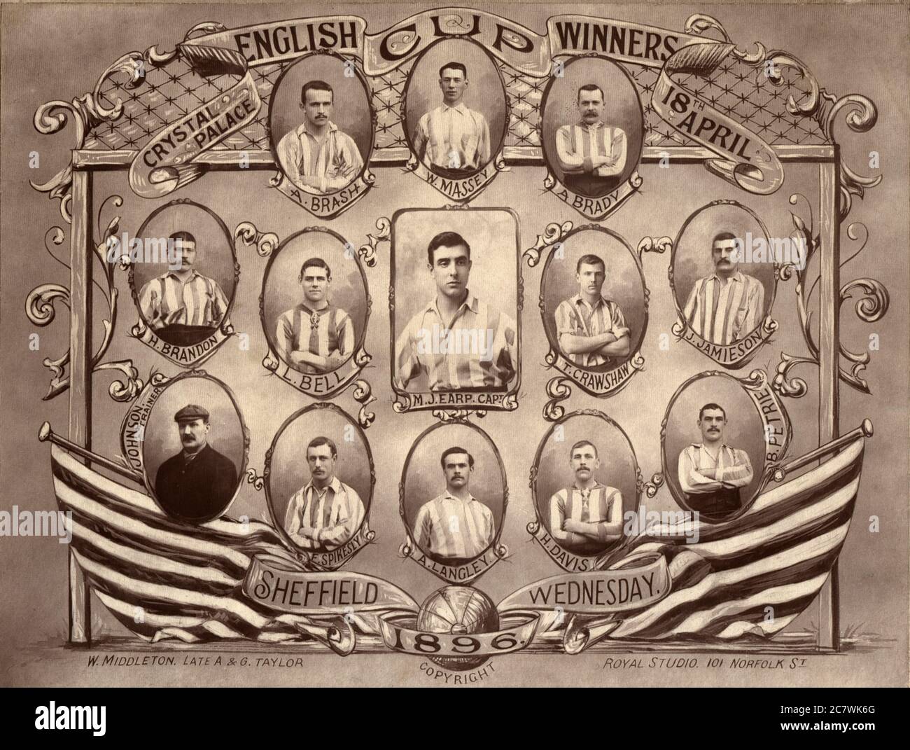 A commemorative portrait of the Sheffield Wednesday F.C. football team who won the F.A. Cup Final by two goals to one against Wolverhampton Wanderers at Crystal Palace on 18 April 1896. Stock Photo