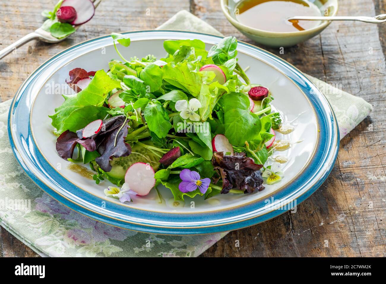 Green leaf salad with radish, cucumber and rich balsamic dressing