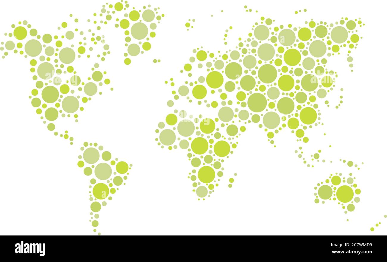World map mosaic of blue dots in various sizes and shades on white ...