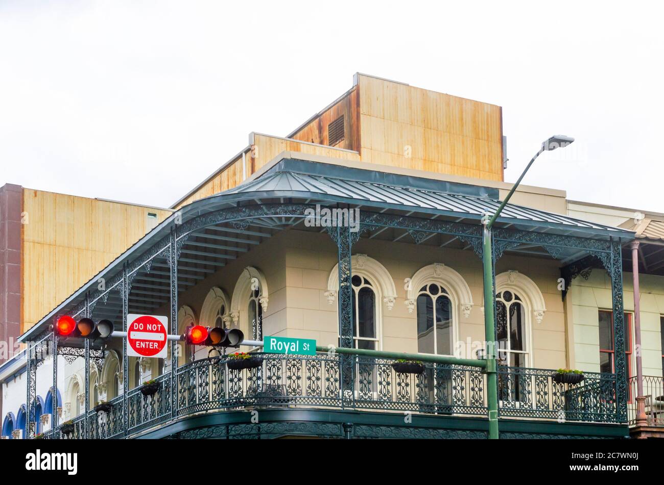 Wrought iron adds a decorative element to a building on Royal Street, July 3, 2020, in Mobile, Alabama. Stock Photo