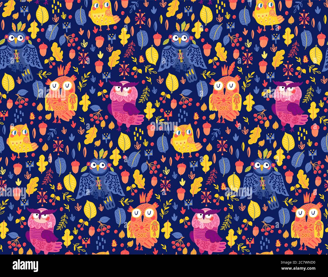 Cute tribal owls, funny seamless pattern, boho print for textiles. Stock Vector