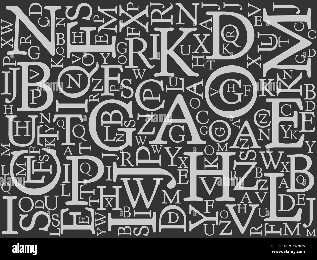 Background mosaic of light latin alphabet letters in various sizes on dark background. Serif font. Vector illustration background. School theme. Education theme. Library theme. Stock Vector