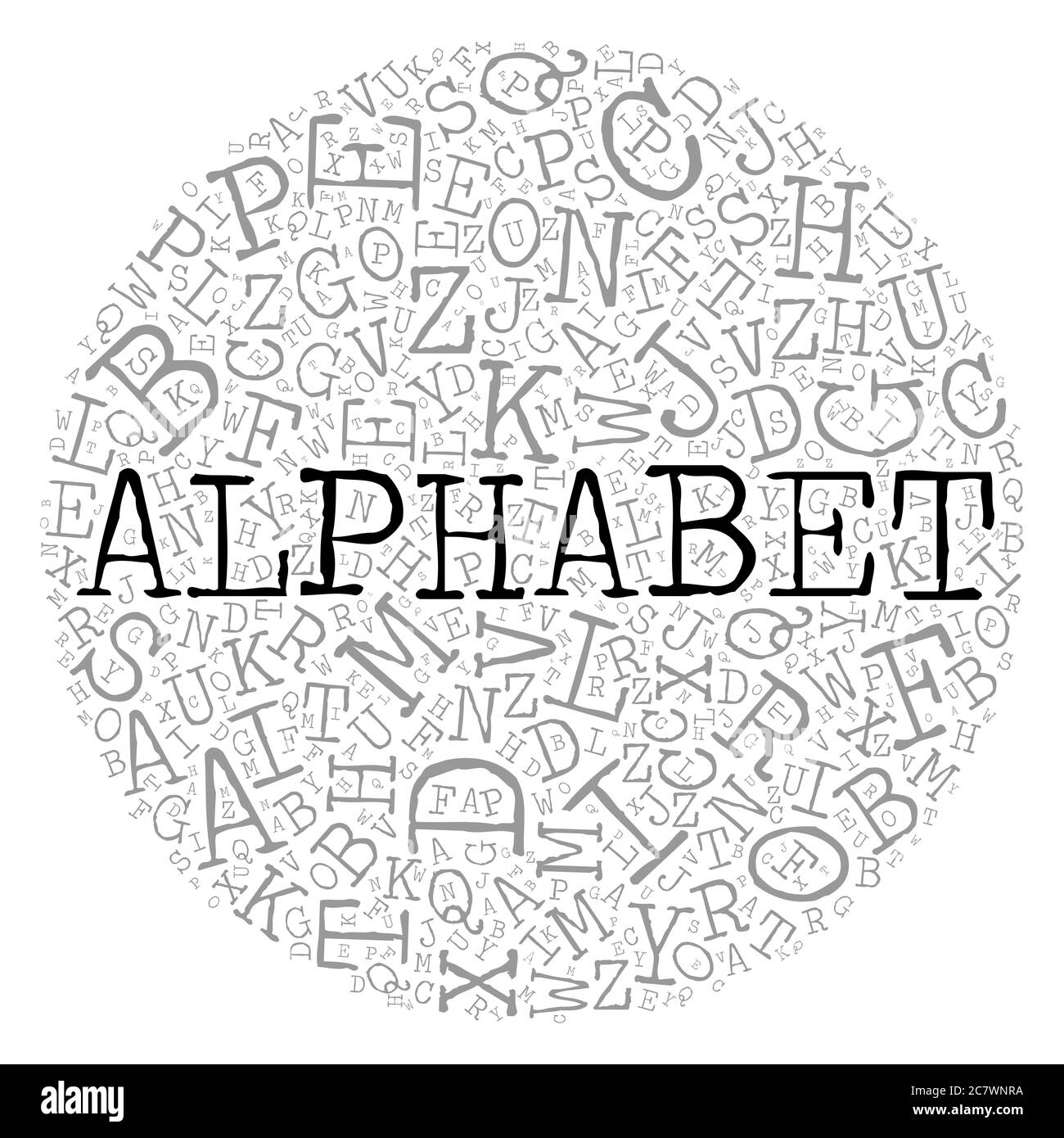 Alphabet circle theme with letter pattern on the background. Grey vector letters with highlighted word Alphabet in typewriter font on white background. Stock Vector