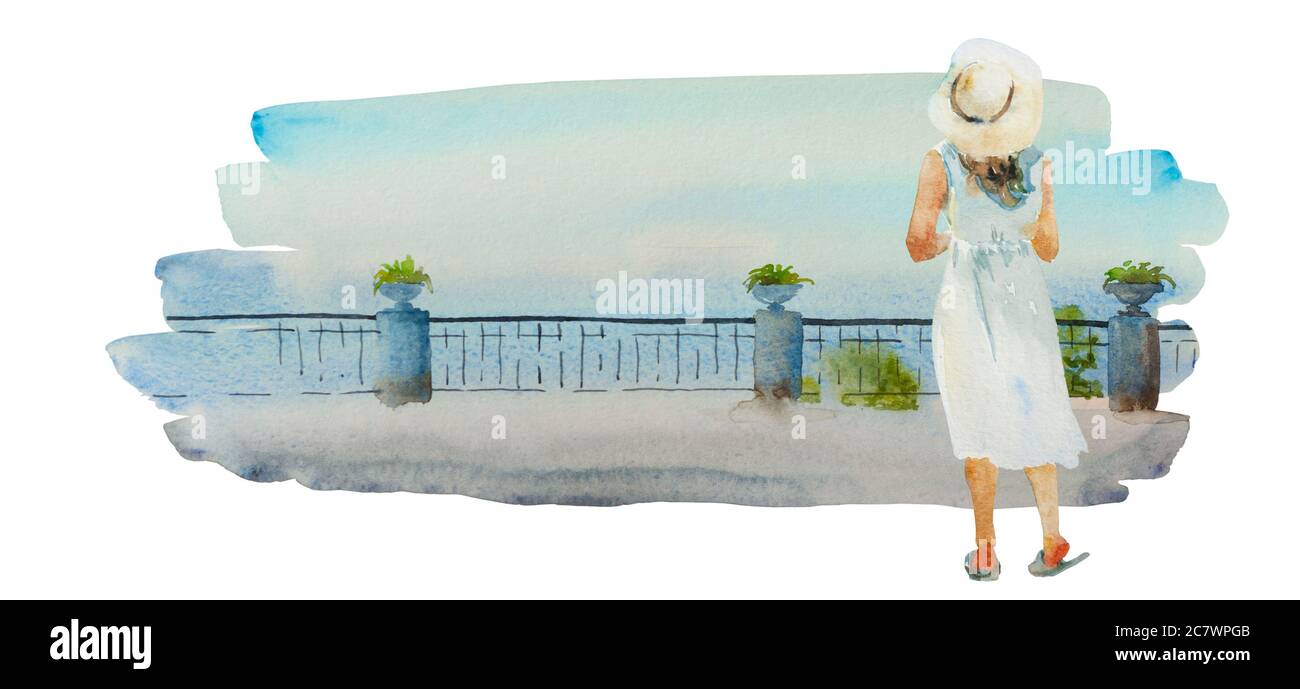 Watercolor with young woman in summer white dress standing on embankment and looking to the sea. Stock Photo