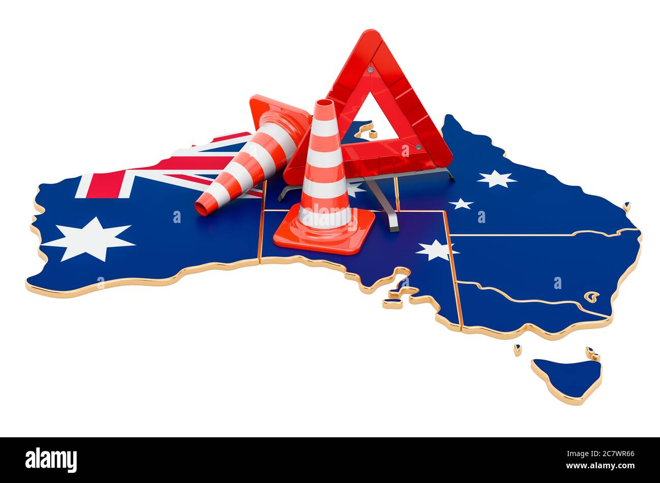 Australian map with traffic cones and warning triangle, 3D rendering isolated on white background Stock Photo