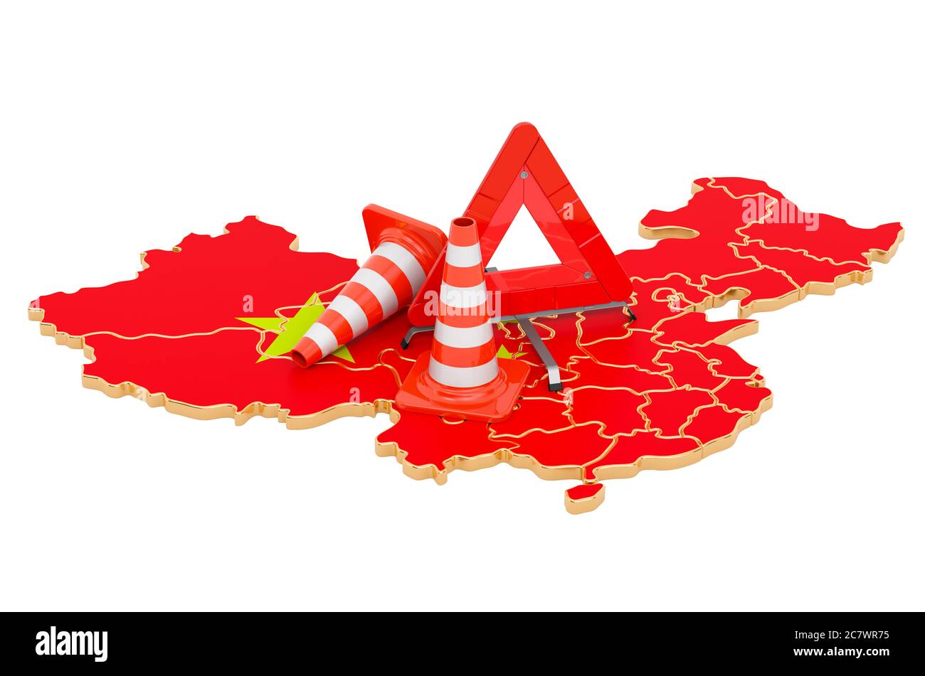 Chinese map with traffic cones and warning triangle, 3D rendering
