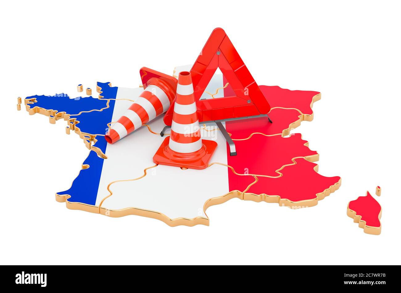 French map with traffic cones and warning triangle, 3D rendering