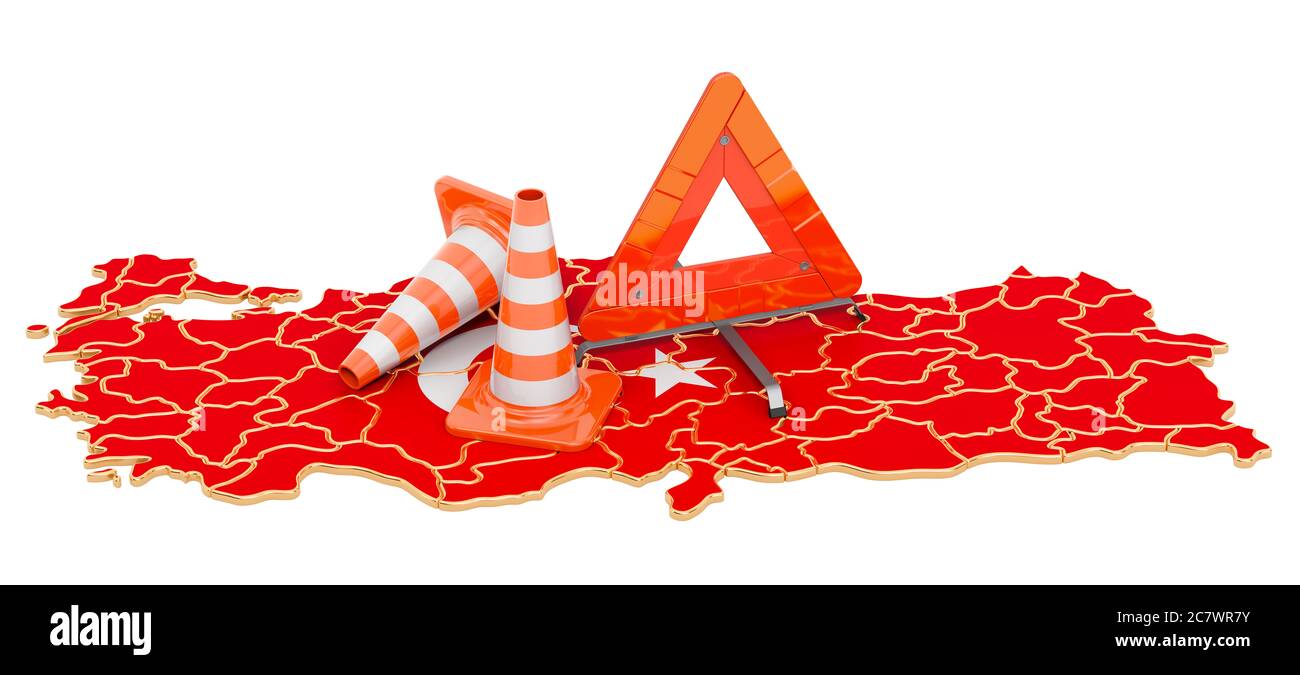 Turkish map with traffic cones and warning triangle, 3D rendering isolated on white background Stock Photo