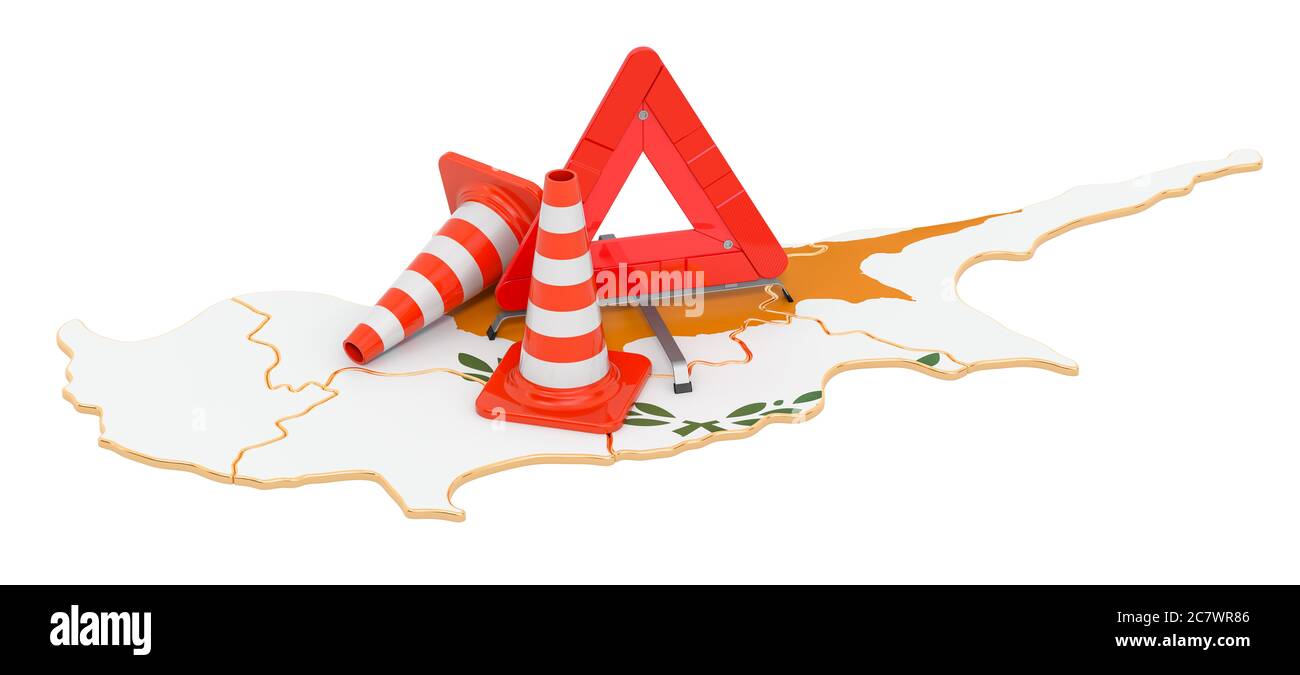 Cyprus map with traffic cones and warning triangle, 3D rendering isolated on white background Stock Photo