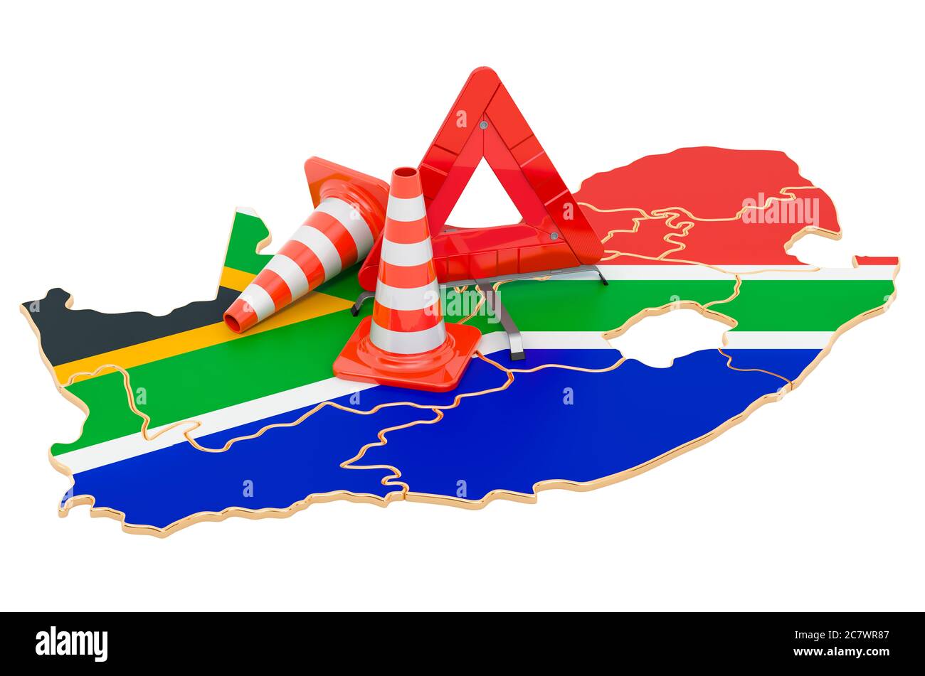 South African map with traffic cones and warning triangle, 3D rendering