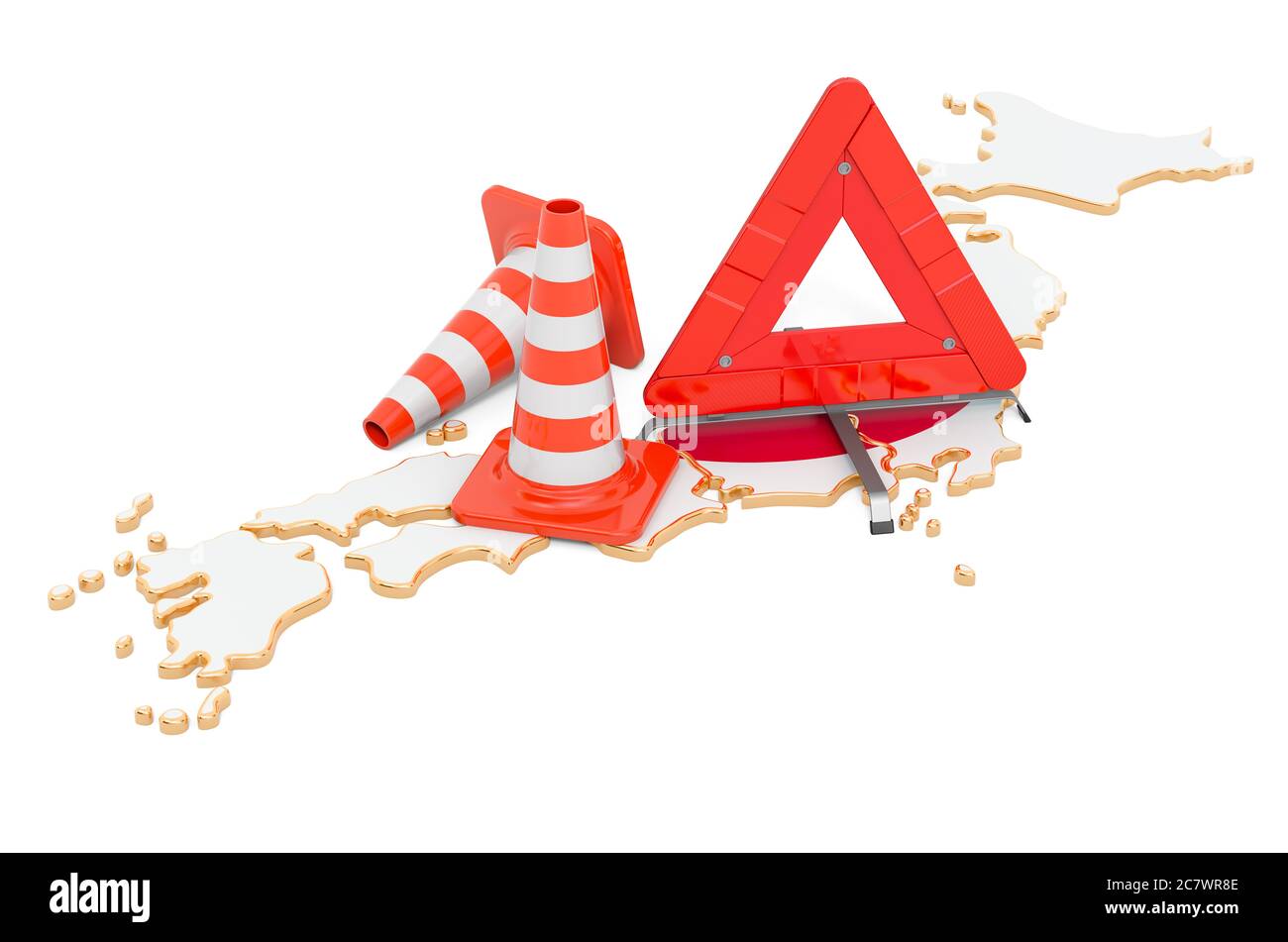 Japanese map with traffic cones and warning triangle, 3D rendering isolated on white background Stock Photo