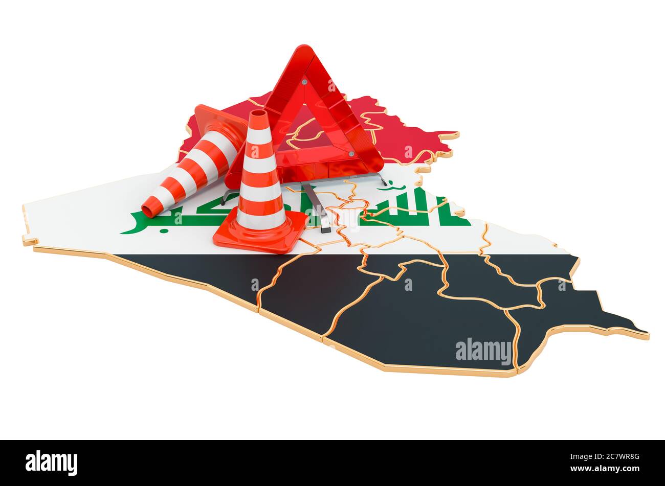 Iraqi map with traffic cones and warning triangle, 3D rendering isolated on white background Stock Photo