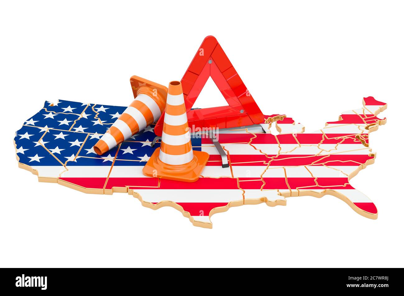 The United States map with traffic cones and warning triangle, 3D rendering isolated on white background Stock Photo