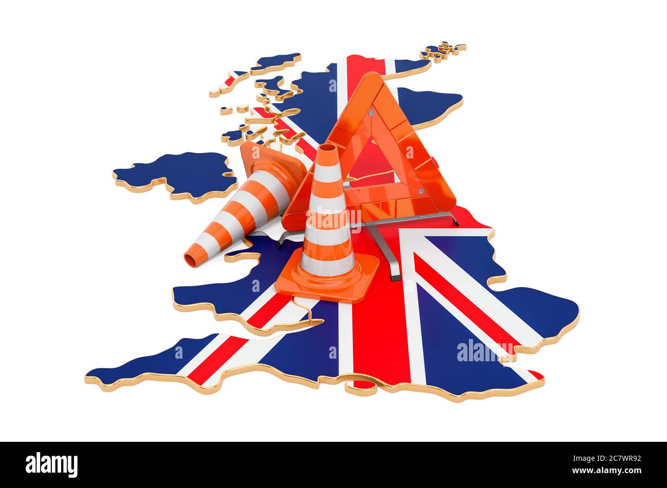 The United Kingdom map with traffic cones and warning triangle, 3D