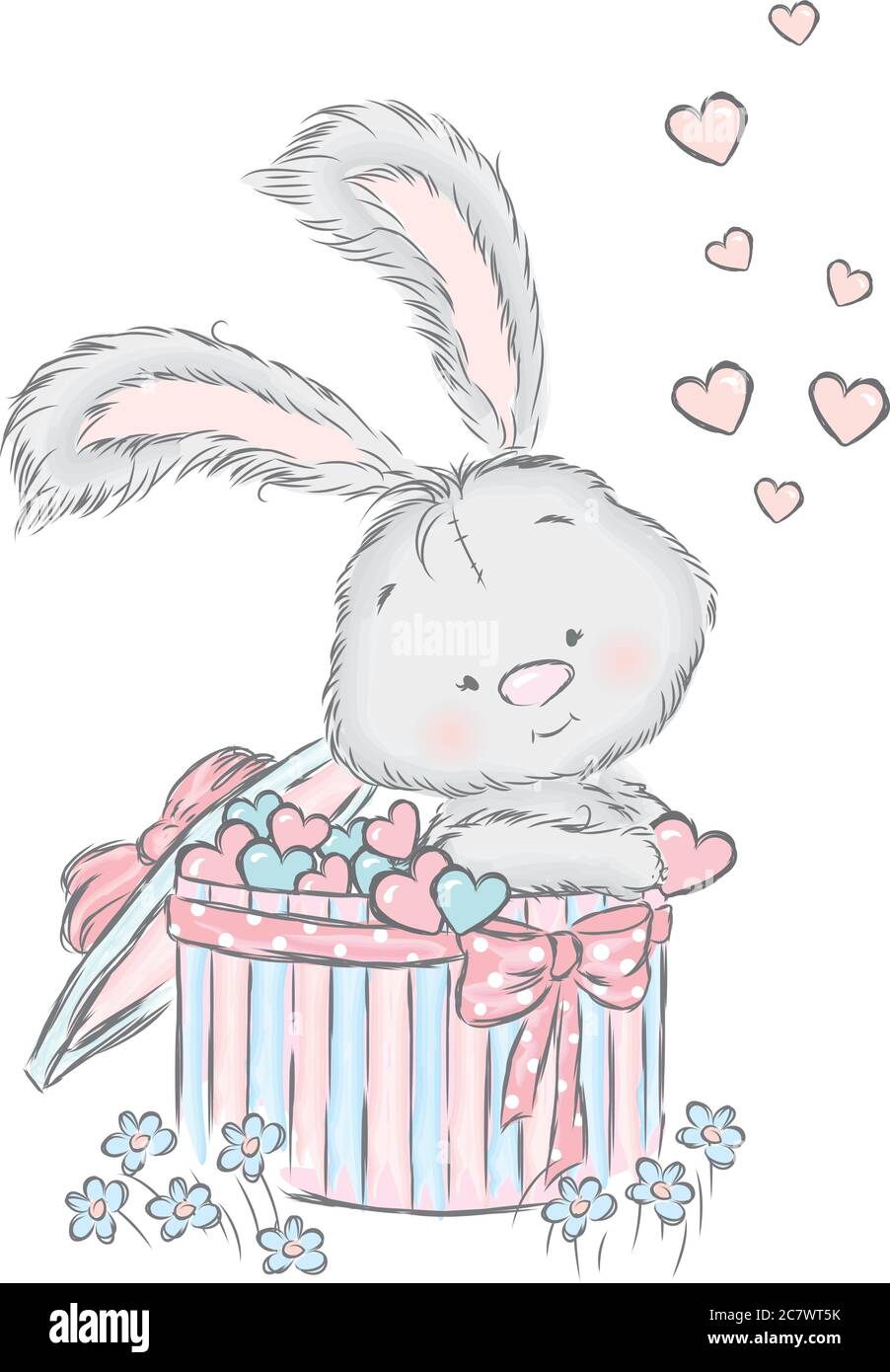 Cute bunny with gifts and balloons. Vector illustration for a card or poster. Print on clothes. Charming hare. Stock Vector