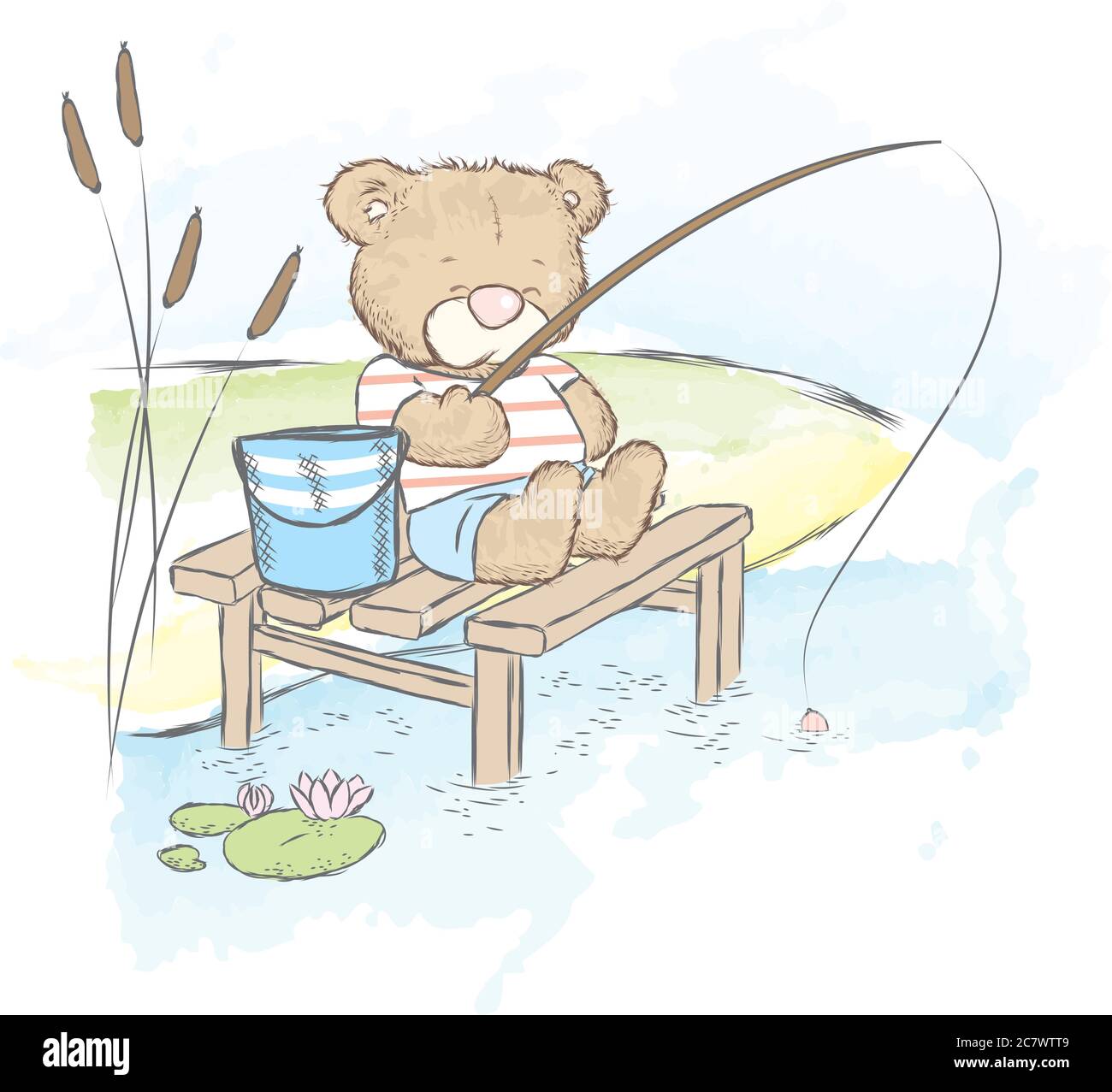 Cute teddy bear fishing. Bear with a bucket and a fishing rod. Vector  illustration for a card or poster. Print on clothes Stock Vector Image &  Art - Alamy
