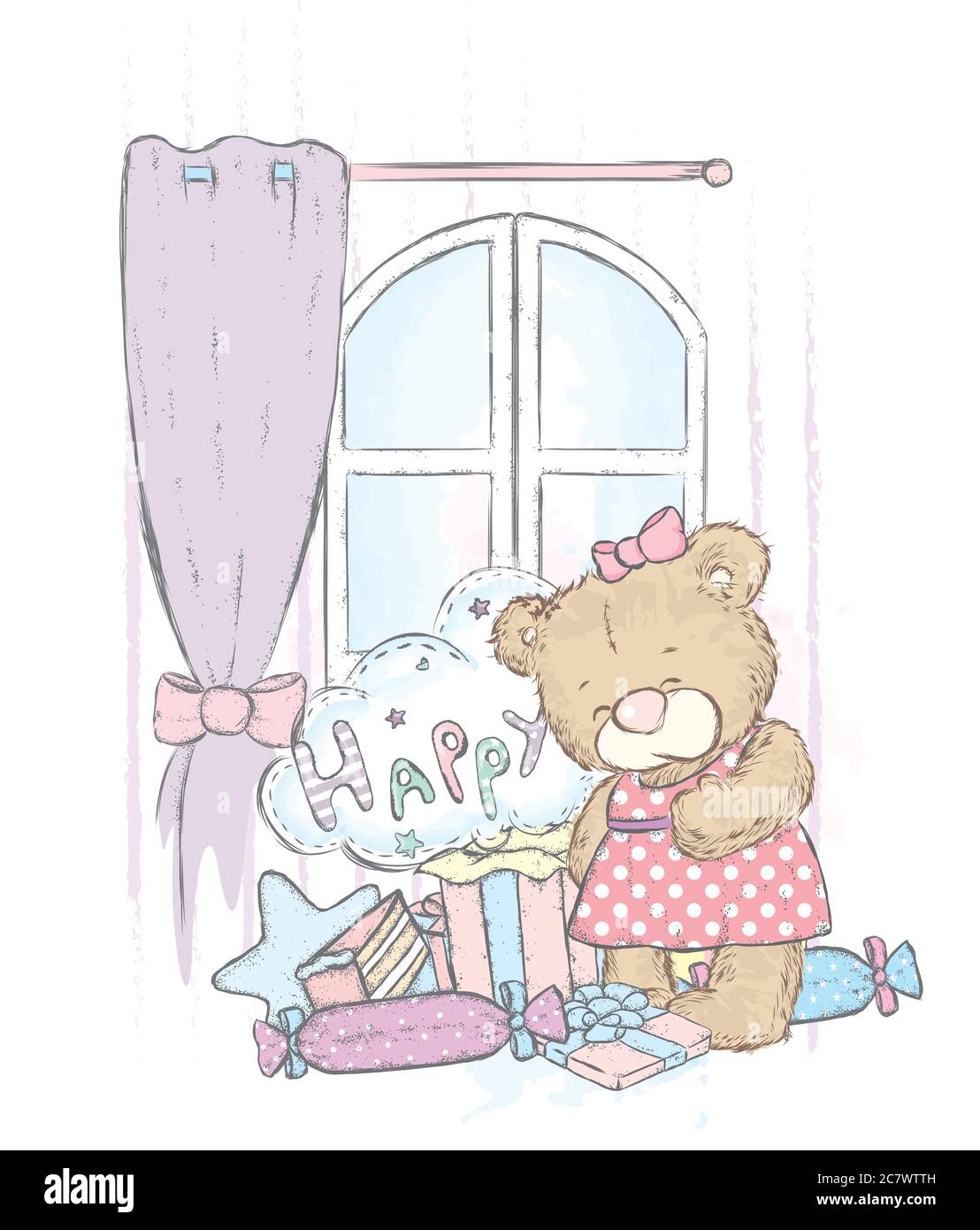 Cute bear and boxes with gifts. Vector illustration for a postcard or a ...